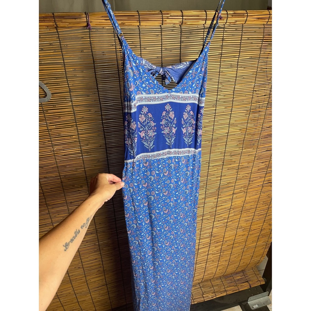Blue Floral Boho Maxi Dress Open Back Tie Detail Spaghetti Strap Summer Festival